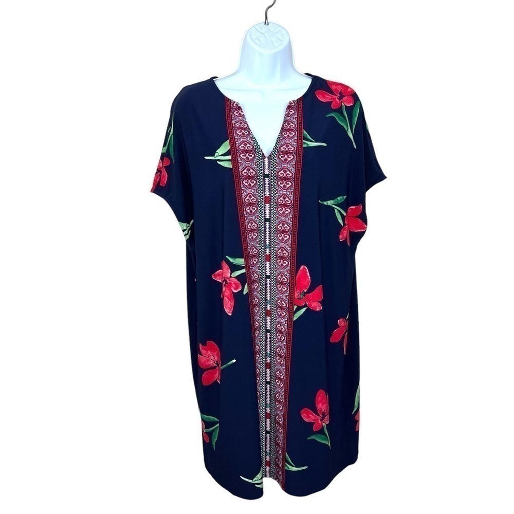 XS Chaps Blue Red Floral Stretch Dress Oversized Fit Pullover Boho Geometric